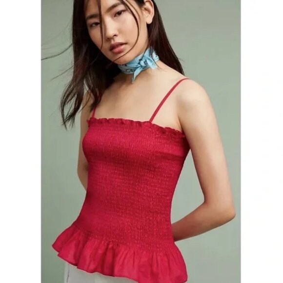 Anthropologie Maeve Women's Linen Blend Smocked Peplum Cami In Pink Size S - Picture 10 of 10